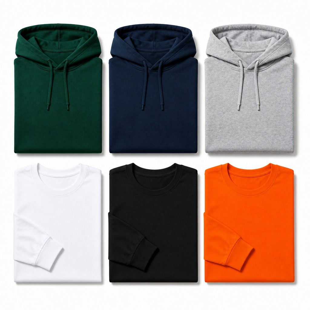 緑・紺・グレーの無地のパーカーと、白・黒・オレンジの無地のロングTシャツ