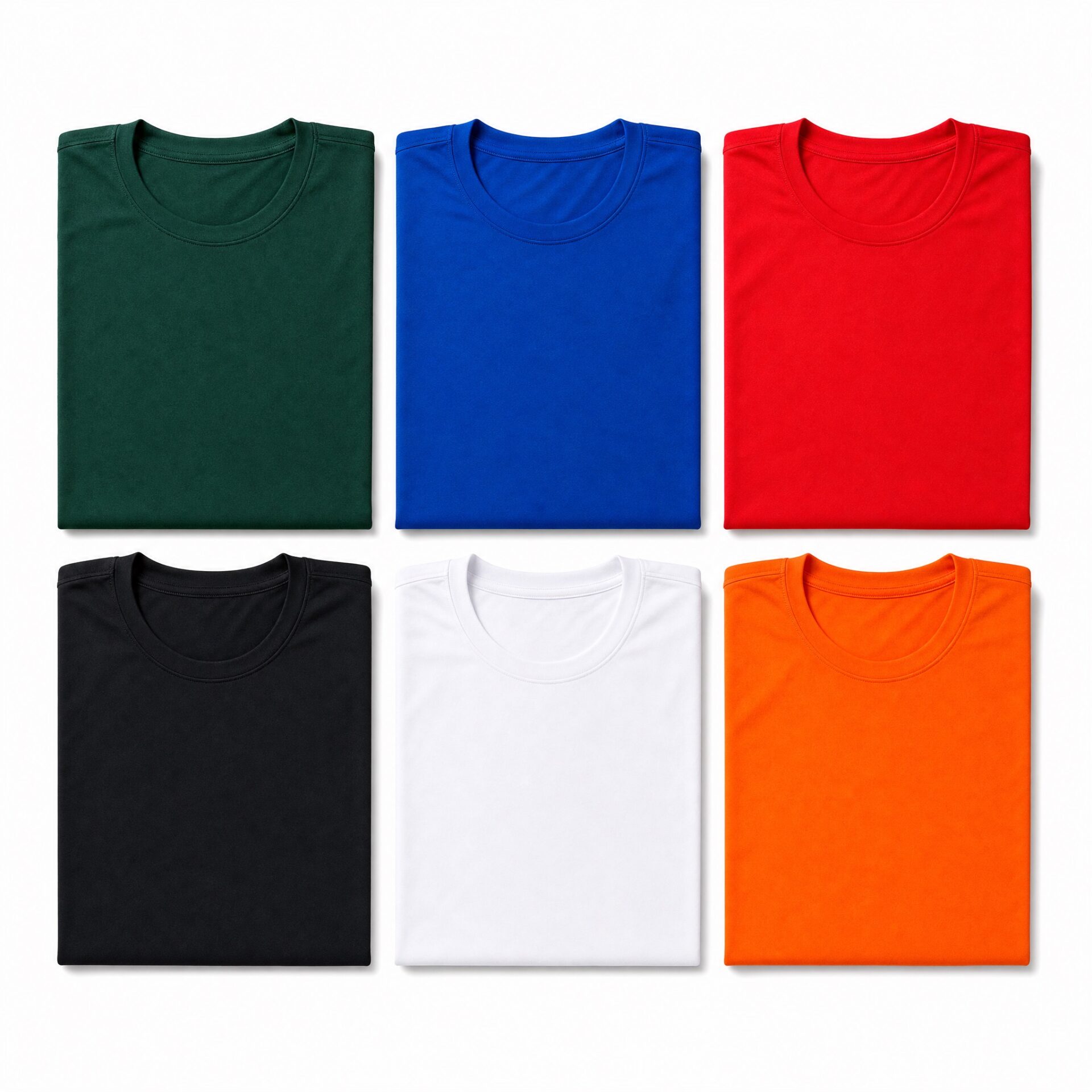 緑・青・赤・黒・白・オレンジの無地のチームTシャツ6枚を白い背景にきれいに並べたところ