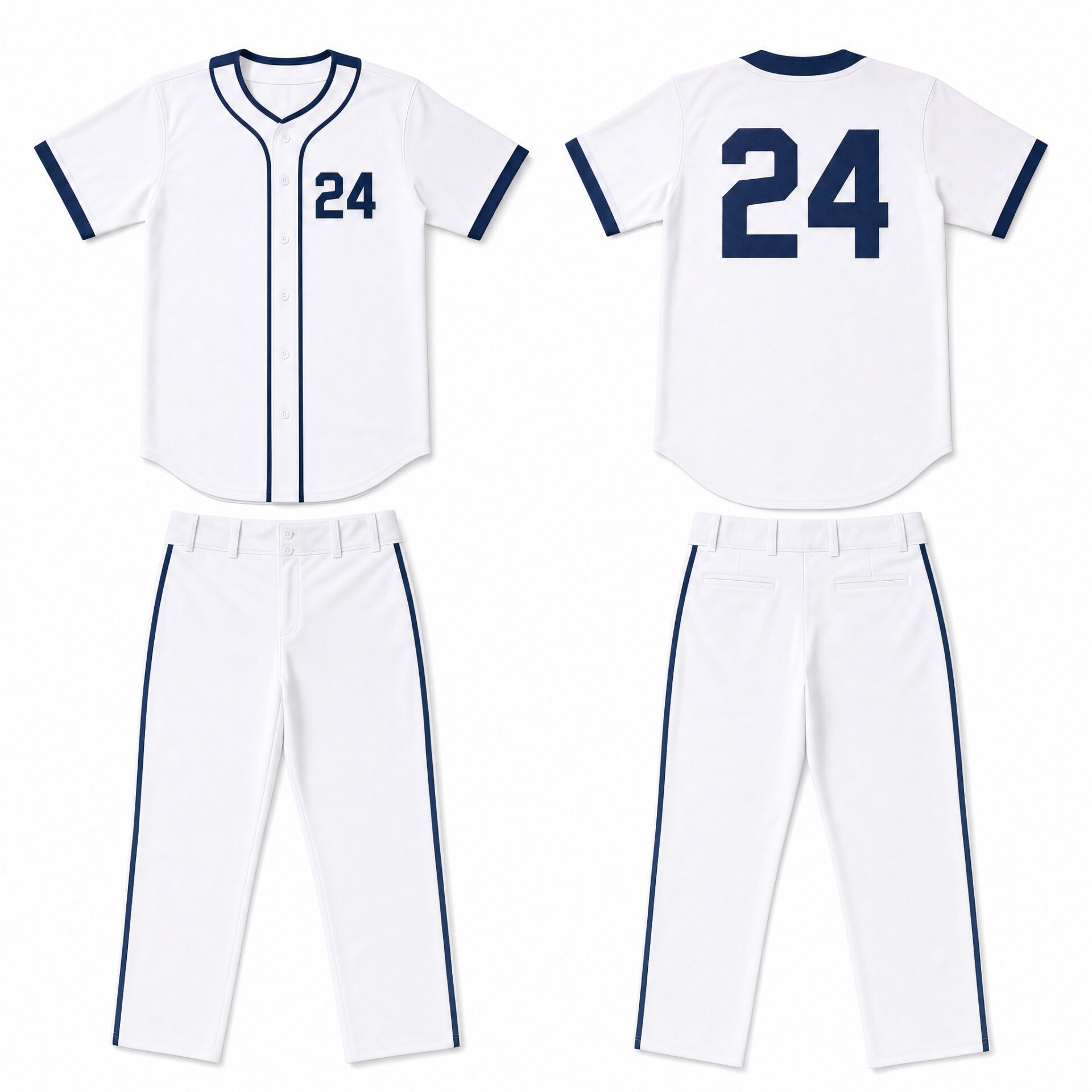 白に紺のパイピングが入った野球ユニフォームのシャツとパンツ。前身頃と後ろ身頃、胸番号・大きな背番号入り